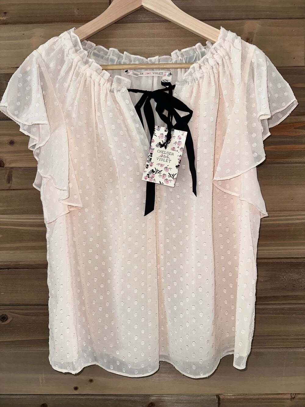 No.86 Chelsea & Violet Blouse Size M Mushroom Pink Dot Chiffon Tie Neck Ruffle